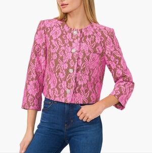 CeCe Antique Olive W/Pink Lace/ Rhinestone Button Cropped Collarless Jacket: XS